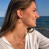 mujer mirando al mar con collar 3 cadenas y aros grandes plata